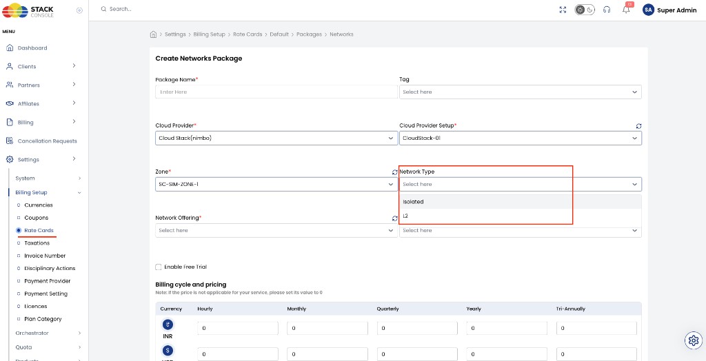 Screenshot: CMP — Create Networks Package form (Network Type Isolated / L2)