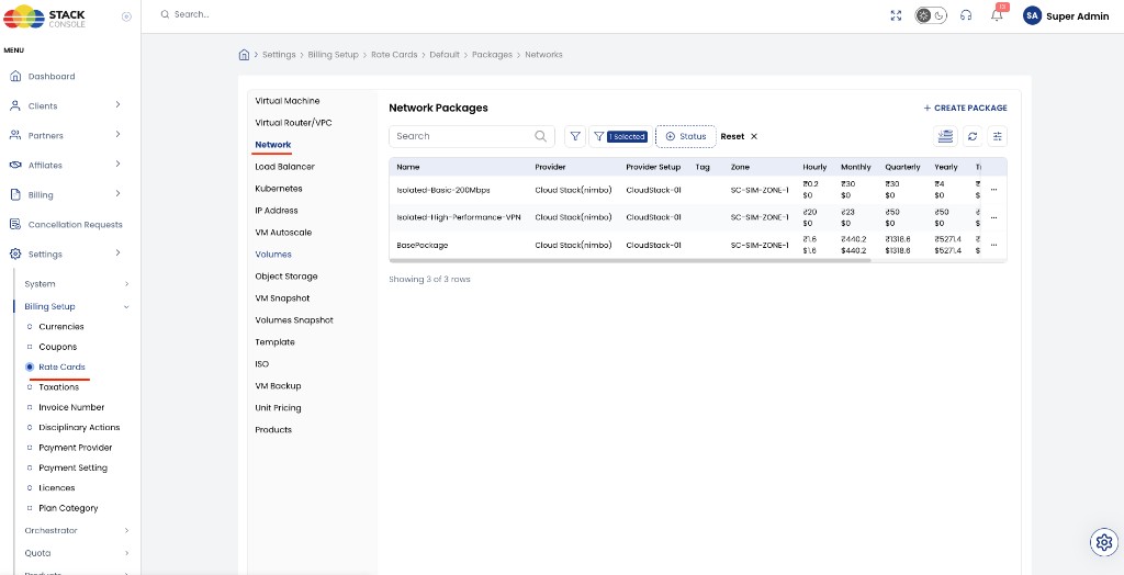 Screenshot: CMP — Network Packages list