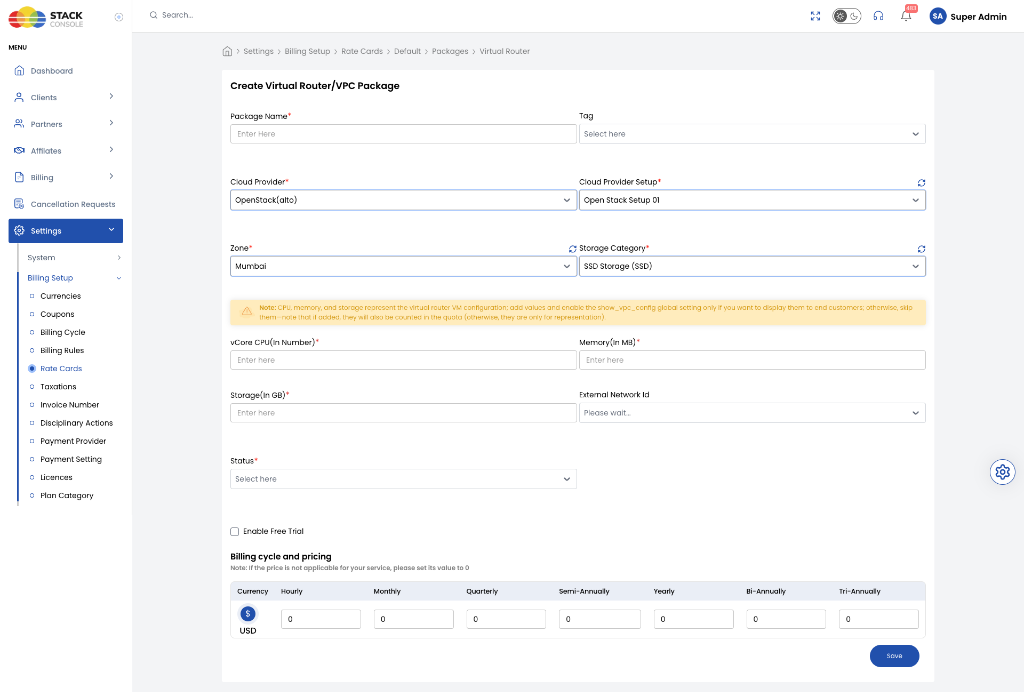 Screenshot: Create Virtual Router/VPC Package form in CMP
