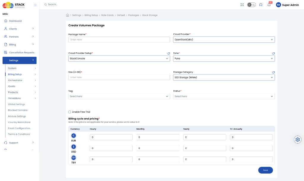 Screenshot: Create Volumes Package form in CMP