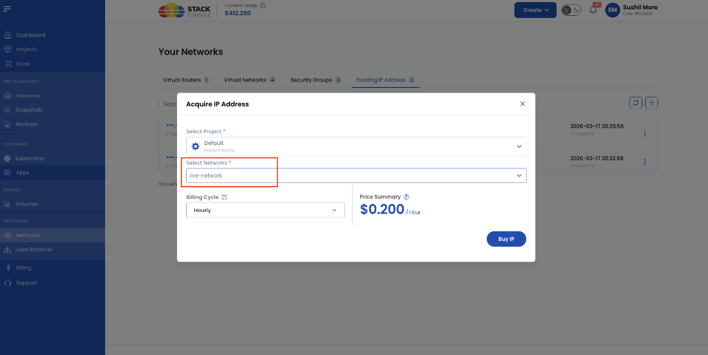 Screenshot: Customer Portal — Acquire IP Address modal with Select Networks dropdown