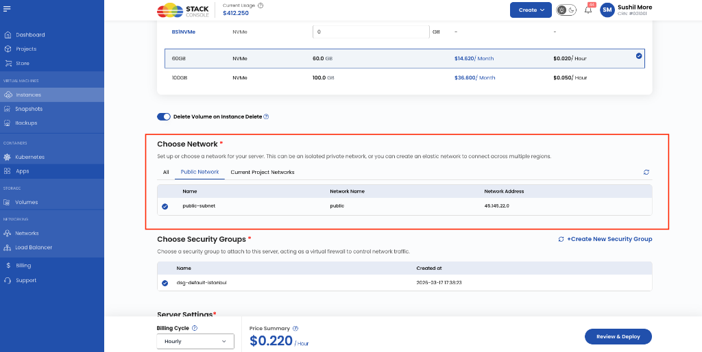 Screenshot: Customer Portal — Choose Network section with Public Network tab on Create Instance