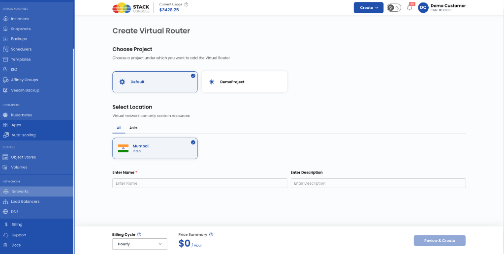 Customer Portal — Create Virtual Router: Choose Project, Select Location, Enter Name and Description