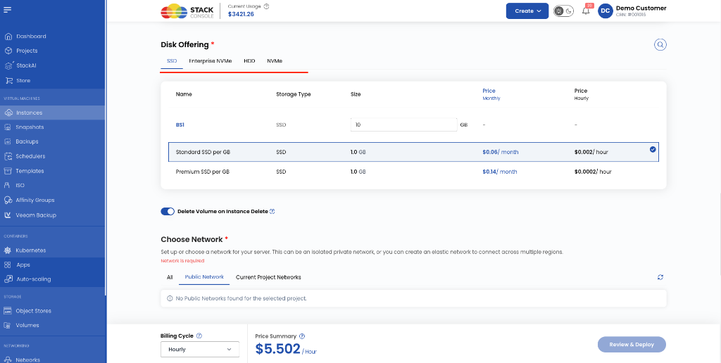 Customer Portal — Disk Offering: storage type tabs (SSD, Enterprise NVMe, HDD, NVMe) and volume package selection