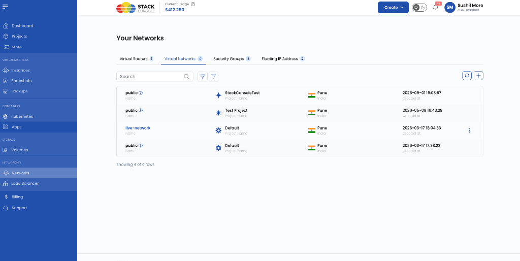 Screenshot: Customer Portal — Your Networks inventory showing synced public networks under Virtual Networks