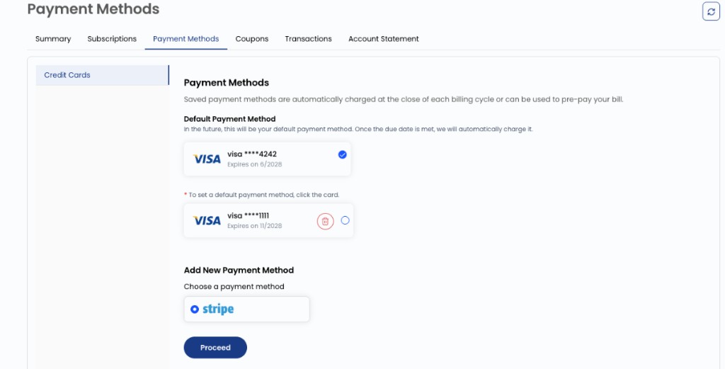 Screenshot: Billing — Payment Methods with Delete on a non-default Stripe card