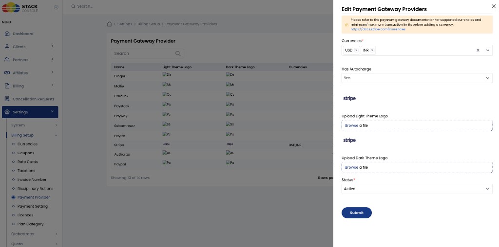 Screenshot: CMP — Edit Payment Gateway Providers for Stripe