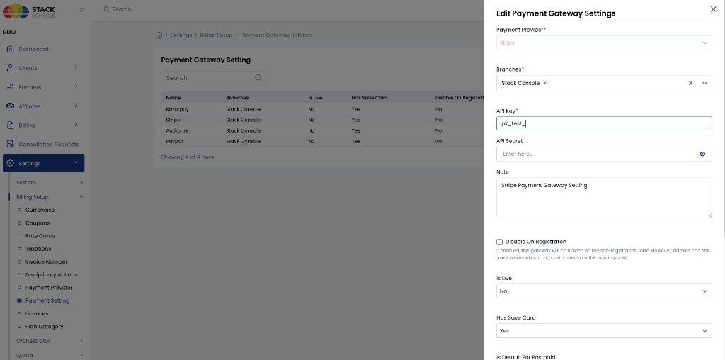 Screenshot: CMP — Payment Gateway Settings with Edit Payment Gateway Settings for Stripe