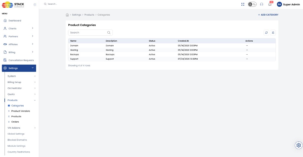 Screenshot: Settings → Products → Categories