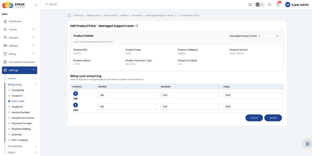 Screenshot: Admin — Edit Product Price (rate card)