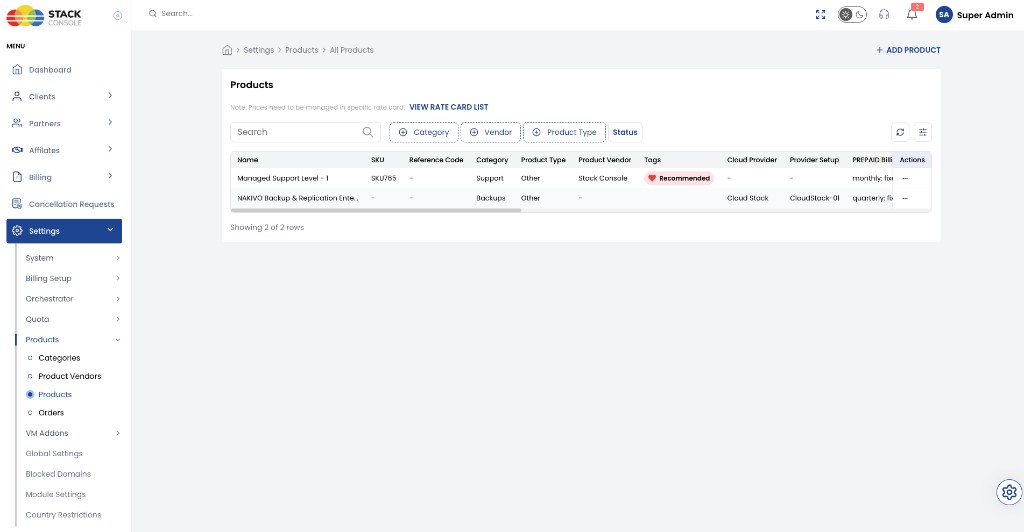 Screenshot: Settings → Products → Products list