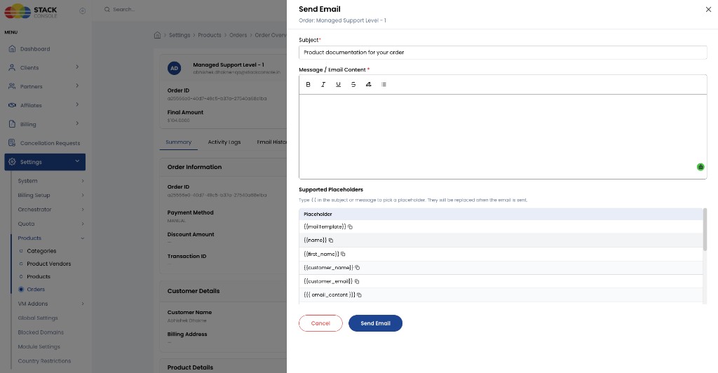 Screenshot: Admin — Send Email from Order Overview
