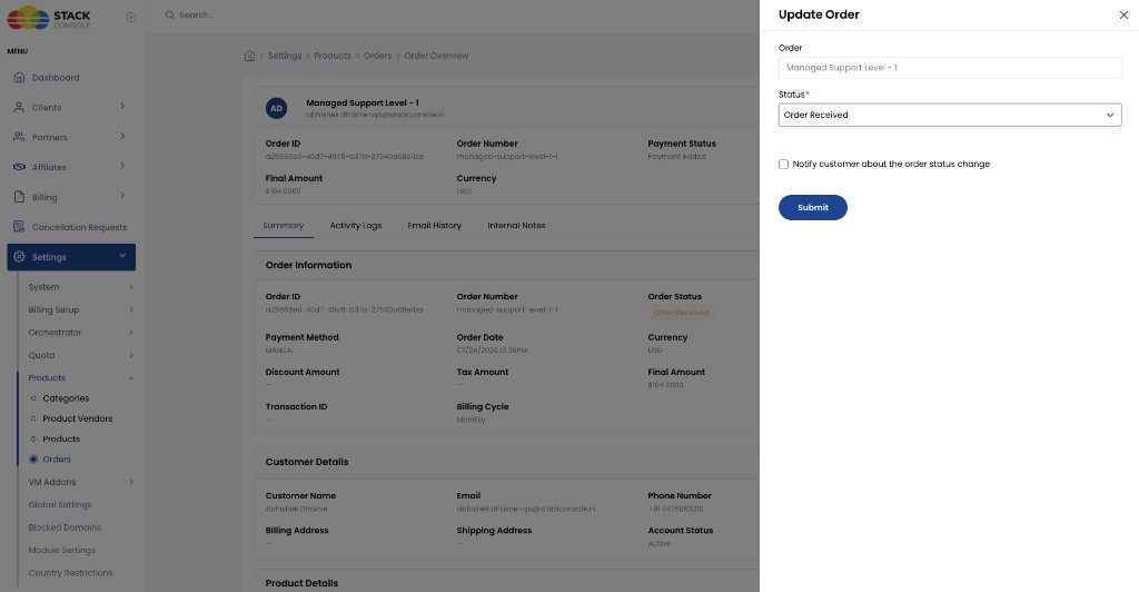 Screenshot: Update Order status panel