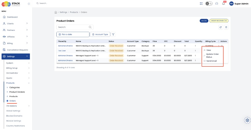 Screenshot: Product Orders list and row actions