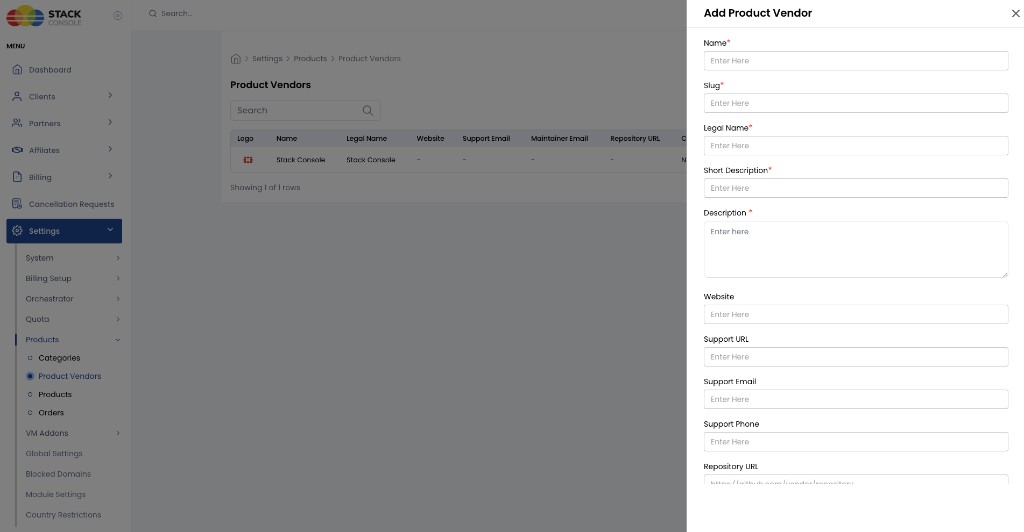 Screenshot: Add Product Vendor form