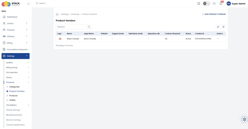 Screenshot: Product Vendors list