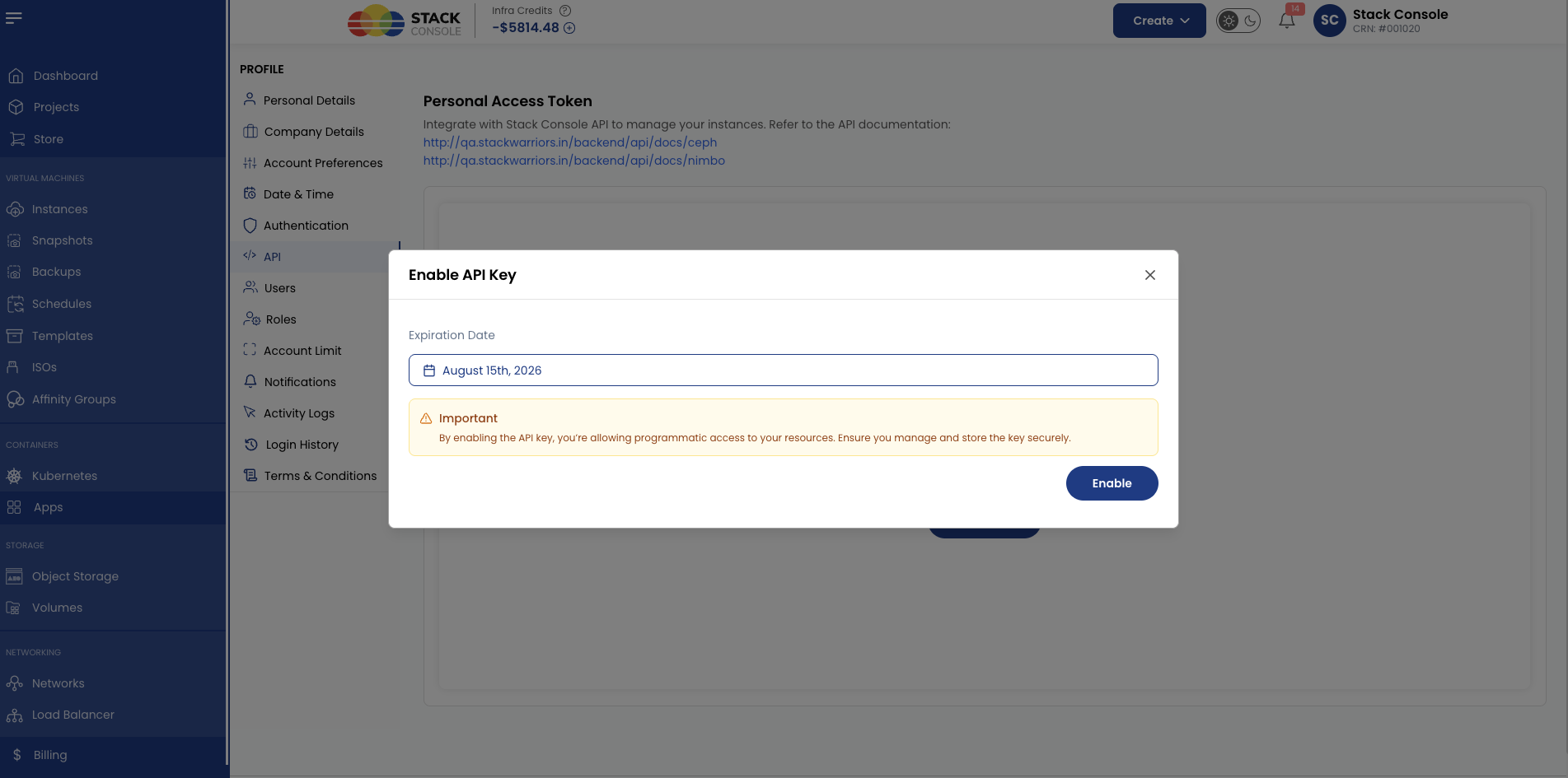 Screenshot: CMP — Profile → API tab with Enable API