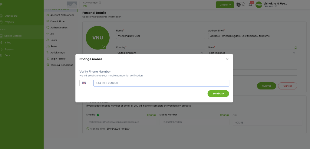 Screenshot: CMP Customer Portal — Change Mobile Number Modal