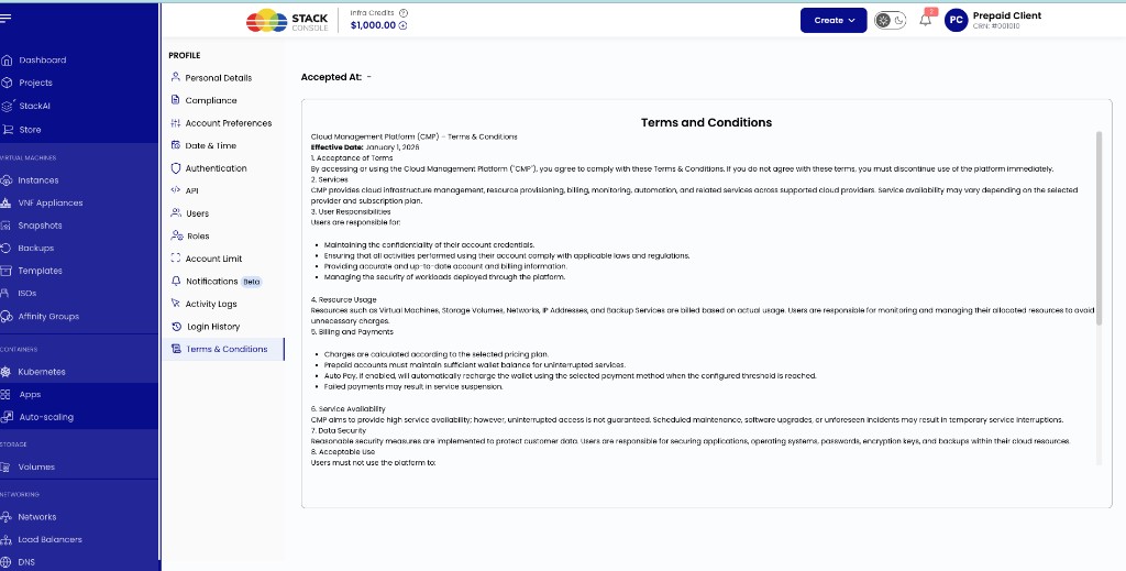 Screenshot: Customer Profile — on-page Terms &amp; Conditions