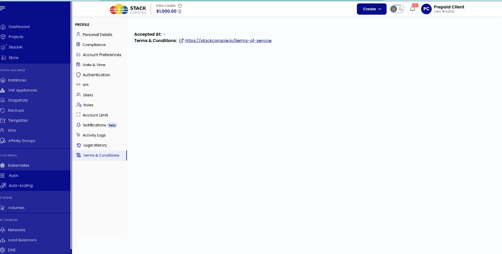 Screenshot: Customer Profile — Terms &amp; Conditions as external URL
