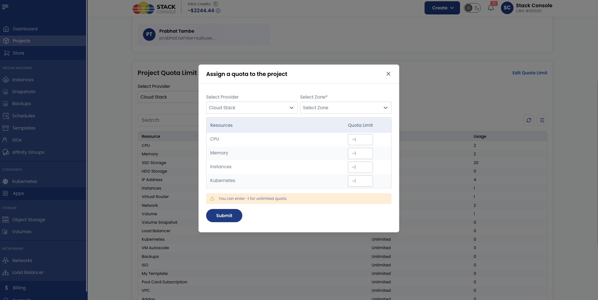 Screenshot: CMP — Project details page, update project quota