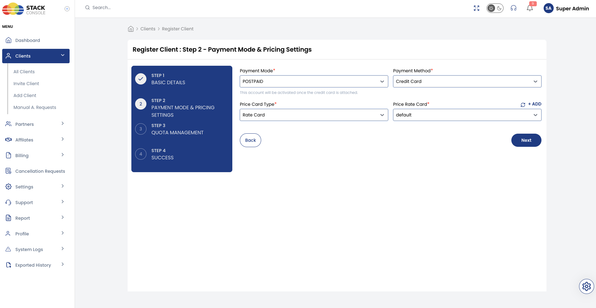 Screenshot: Register Client — Step 2 (Postpaid)