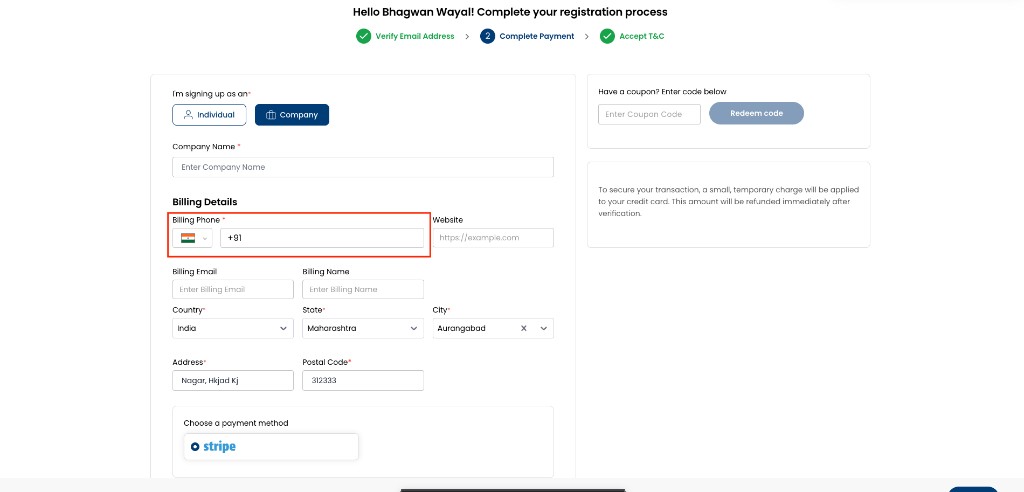 Screenshot: Registration — Billing Phone field (hidden when this flag is enabled)