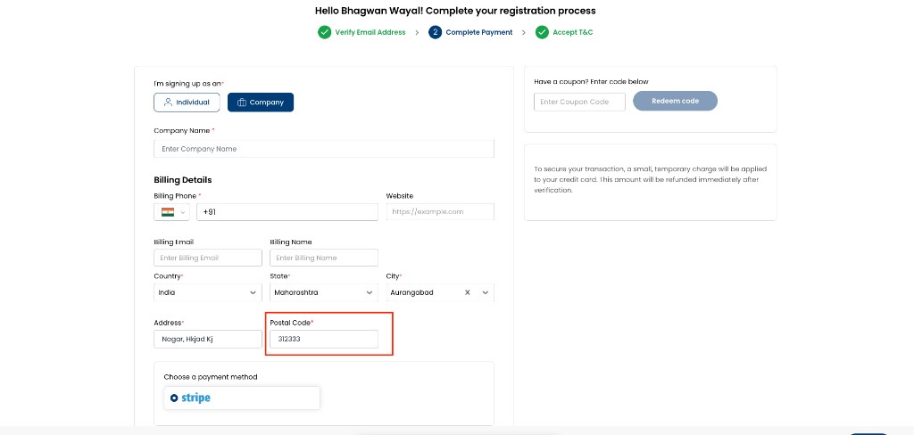 Screenshot: Registration — Postal Code field (hidden when this flag is enabled)
