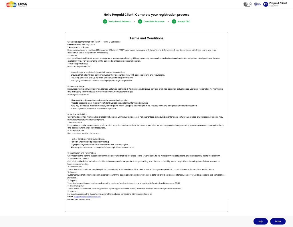 Screenshot: Registration flow — Accept T&amp;C in-step form