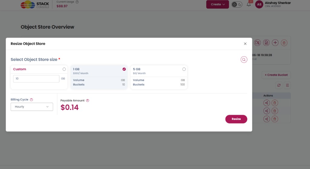 Screenshot: CMP — Resize Object Storage modal