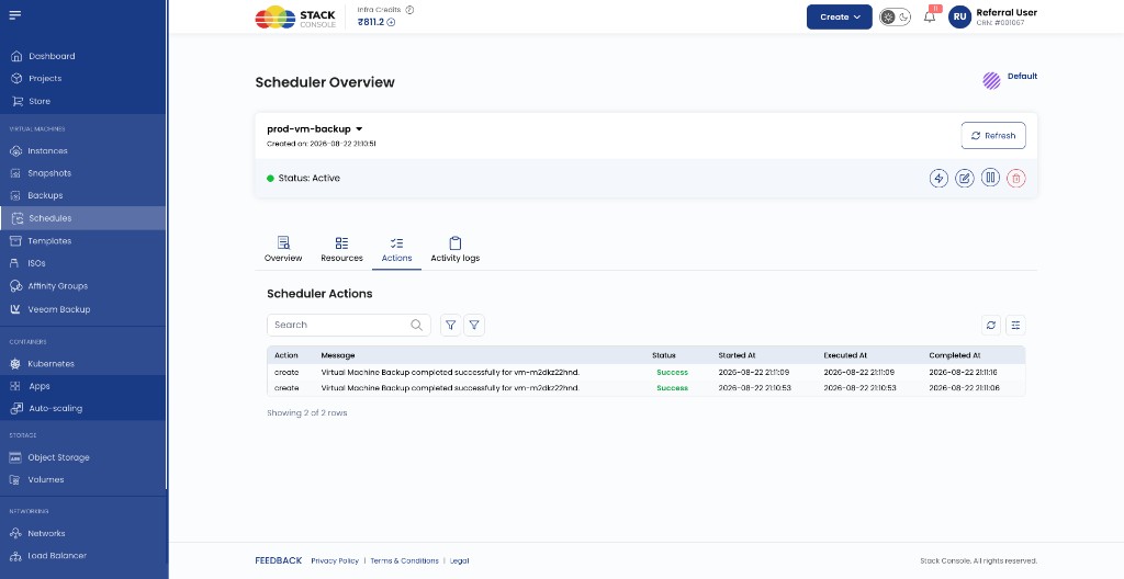 Scheduler Overview — Actions tab