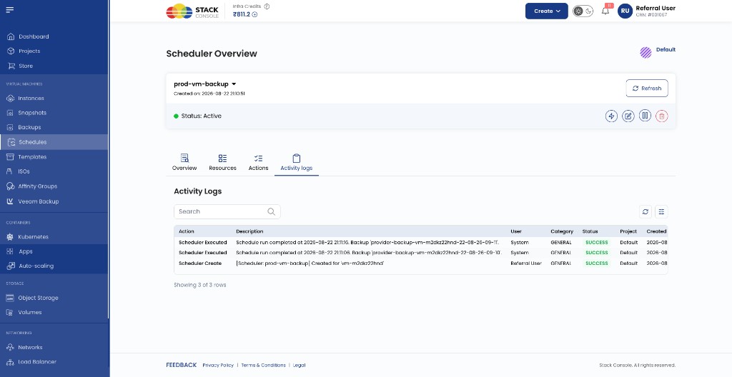 Scheduler Overview — Activity logs tab