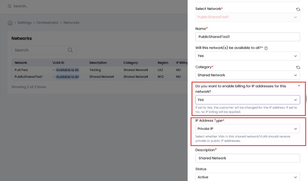 Screenshot: CMP — Shared network IP billing and IP Address Type