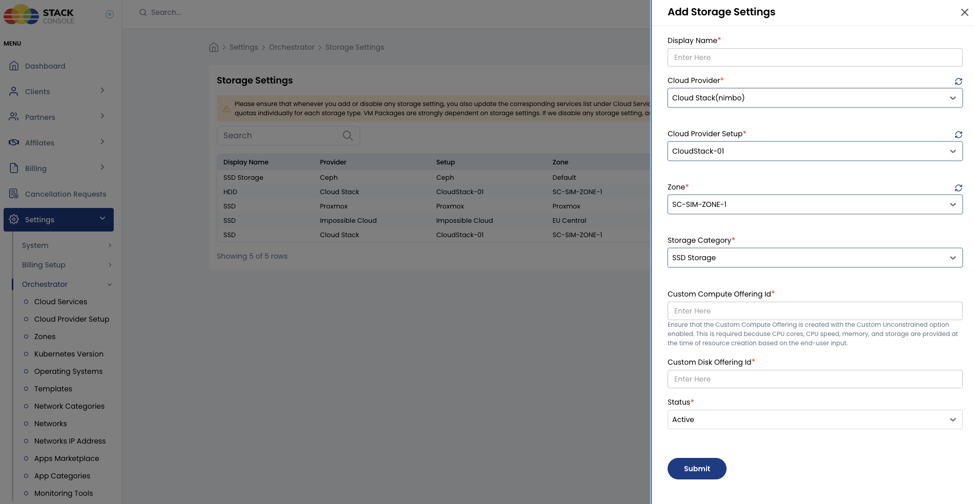 Screenshot: CMP — Add Storage Settings form