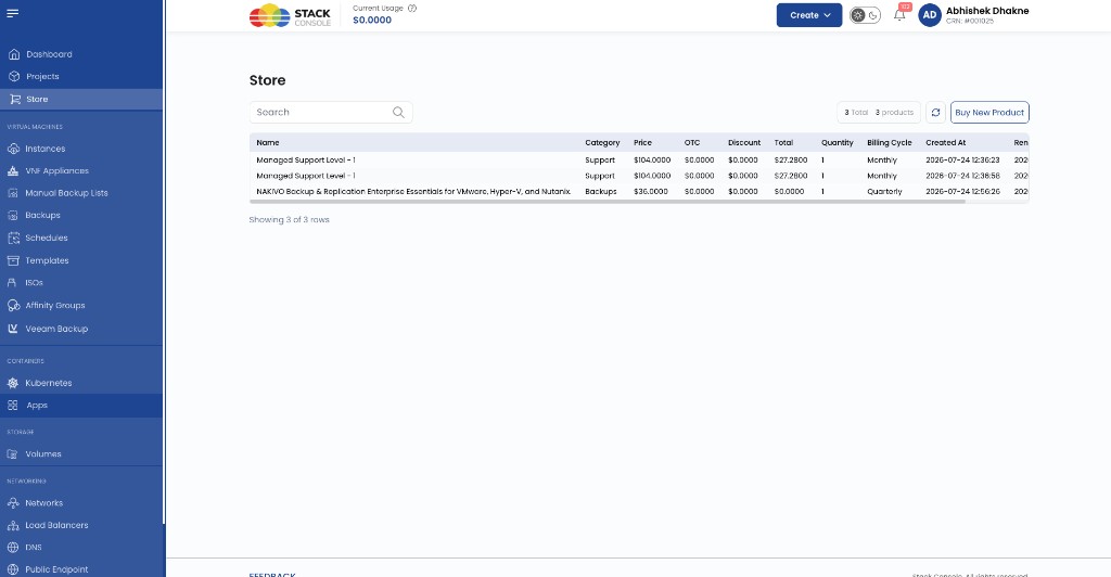 Screenshot: Customer Store — purchased products