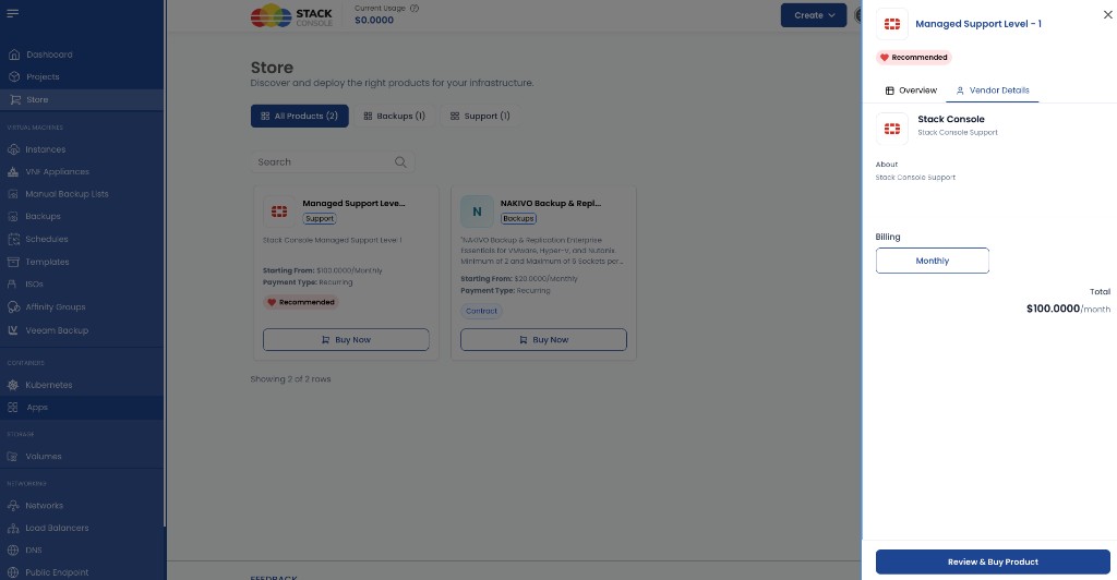 Screenshot: Customer Store — product Overview (vendor, about, billing, Review & Buy)