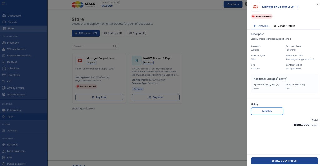 Screenshot: Customer Store — product Overview (specs, fees, Monthly cycle)