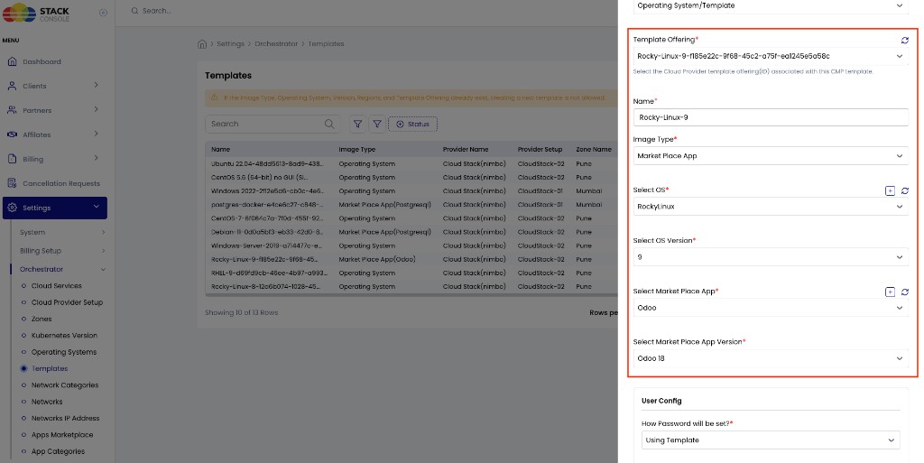 Screenshot: Template form — Image Type Market Place App, app and version selected