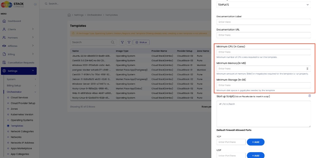 Screenshot: CMP — Template Minimum CPU, Memory, and Storage fields