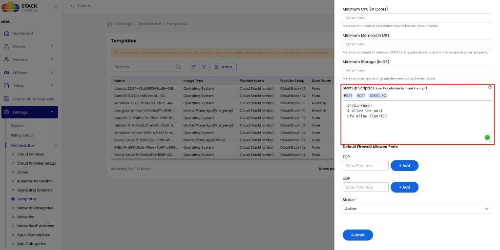 Screenshot: Template Start up Script with Placeholder buttons and port variable in script