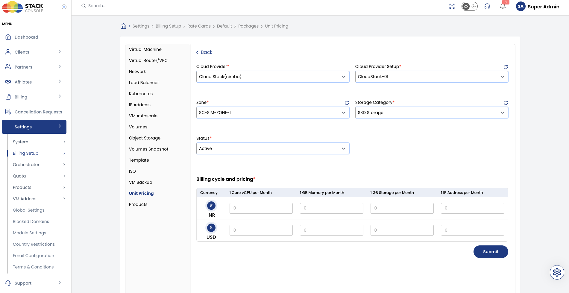 Screenshot: CMP — Unit Pricing configuration form