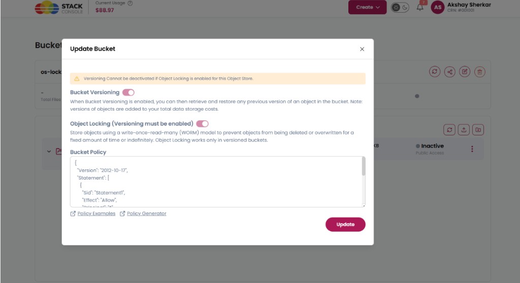 Screenshot: CMP — Update Bucket modal