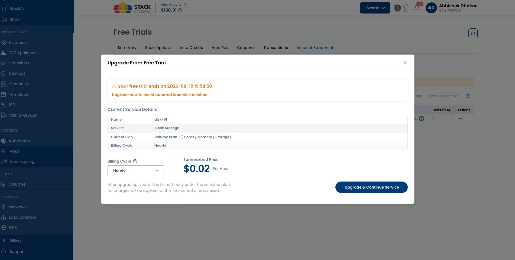 Screenshot: Upgrade From Free Trial — choose billing cycle and see price