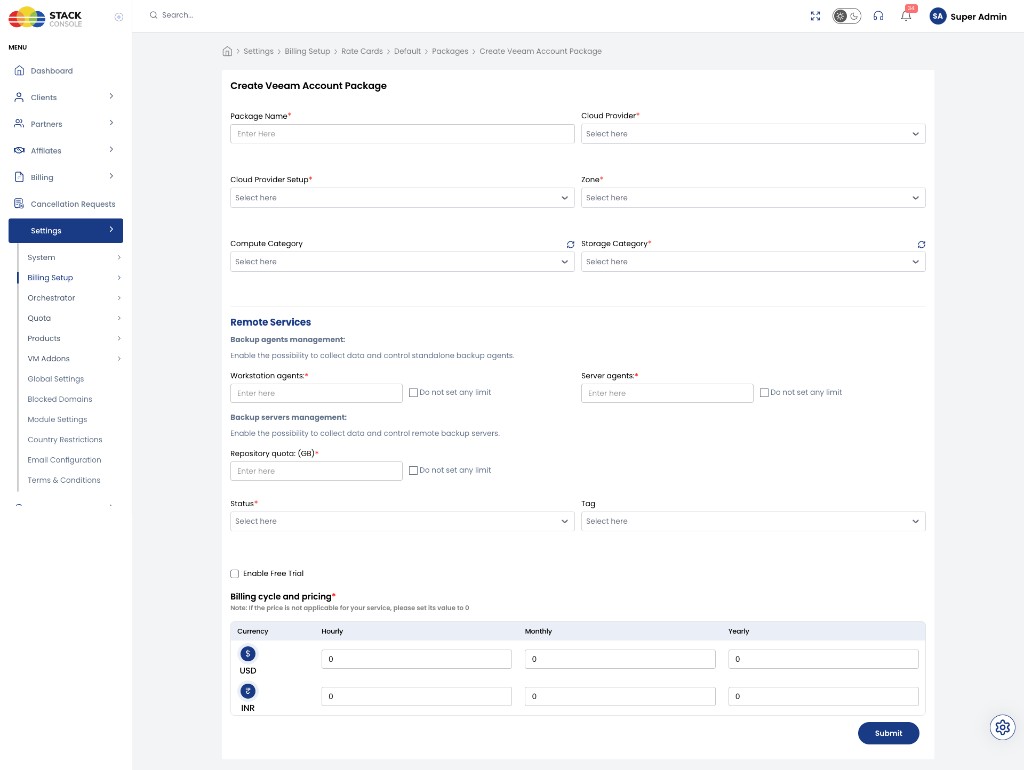 Screenshot: Create Veeam Account Package form