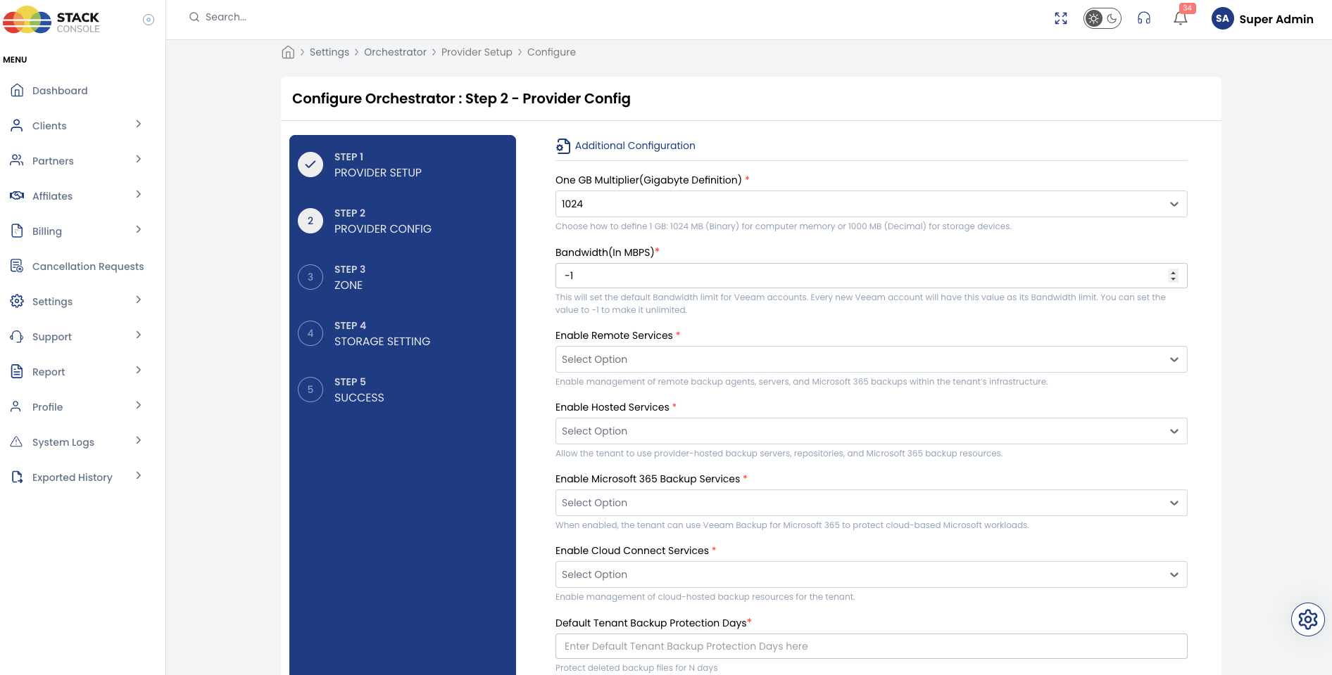 Screenshot: CMP — Veeam Provider Config (tenant change options)