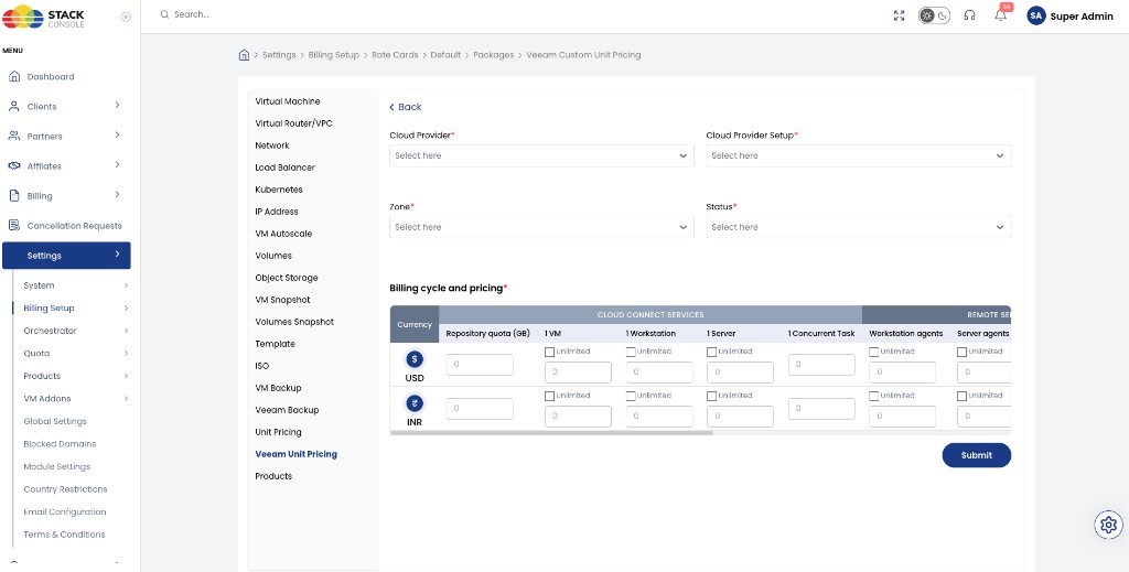 Screenshot: Veeam Custom Unit Pricing form