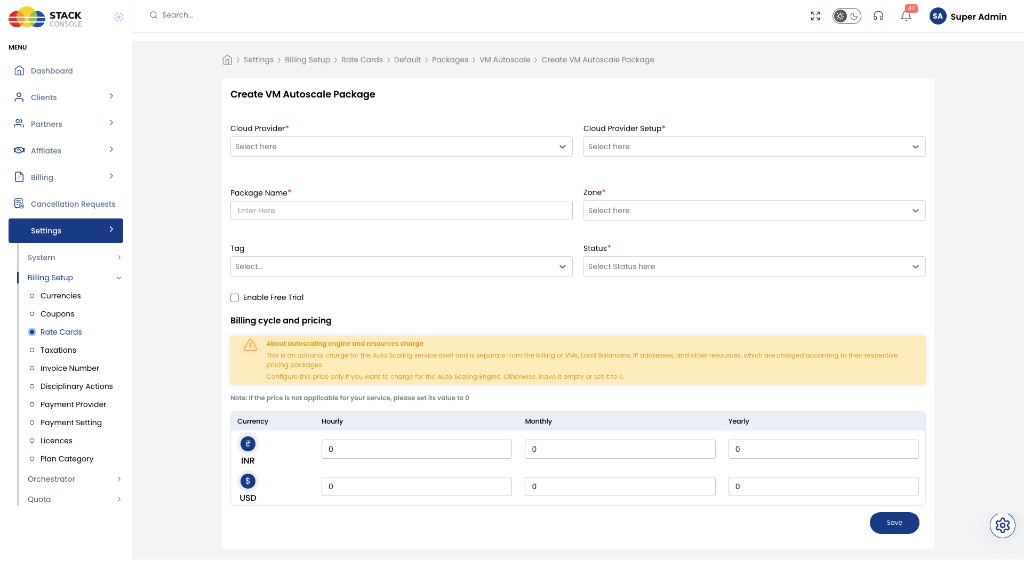 Screenshot: CMP — Create VM Autoscale Package form