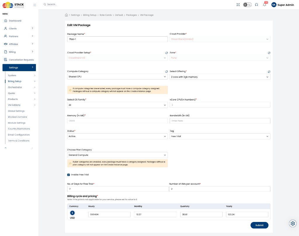 Screenshot: Edit VM Package — Enable Free Trial, days, and VMs per account