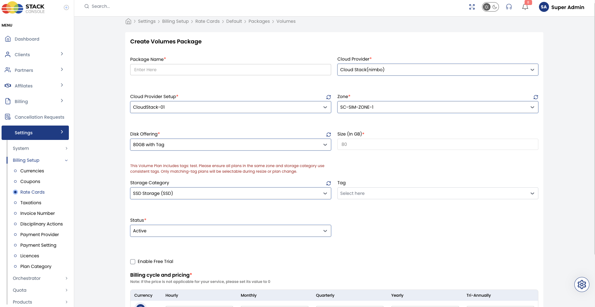 Screenshot: CMP — Create Volumes Package form