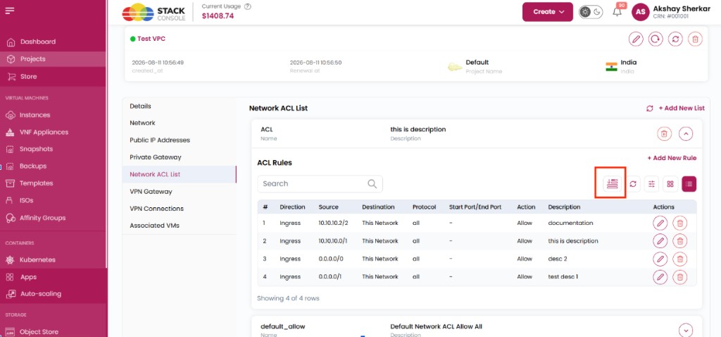 Screenshot: CMP — Network ACL List with reorder control